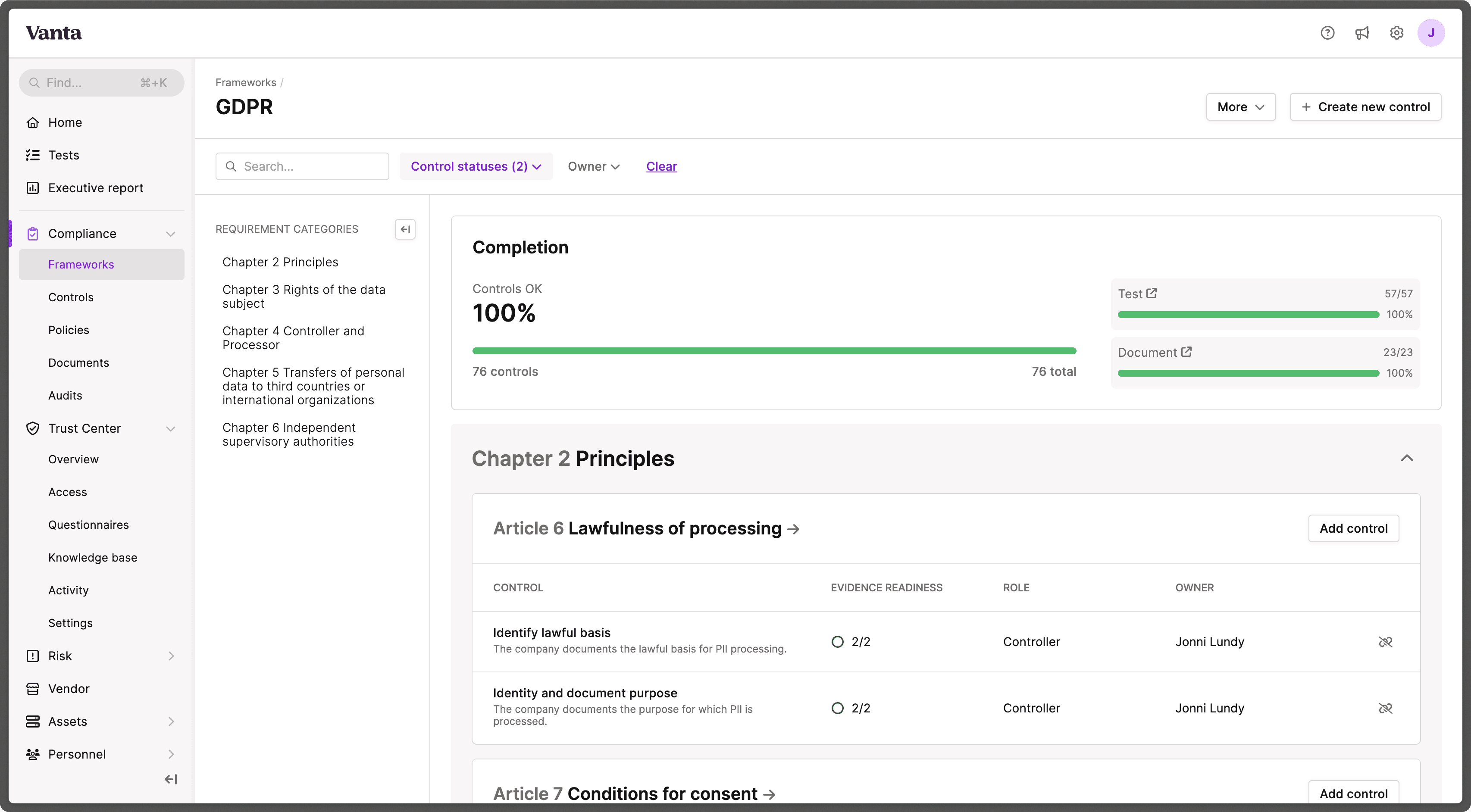 Vanta GDPR Dashboard