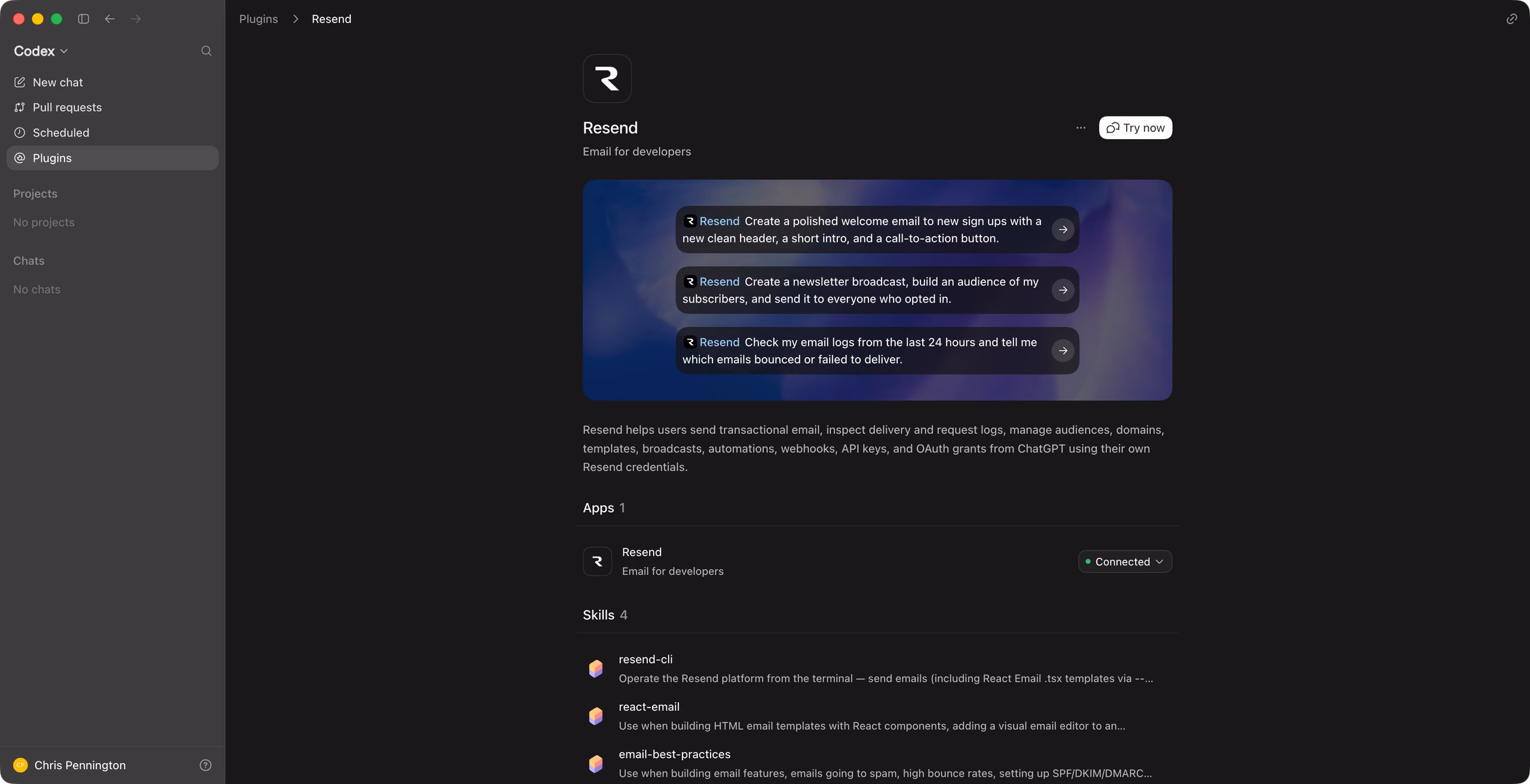 Codex sending an email using Resend